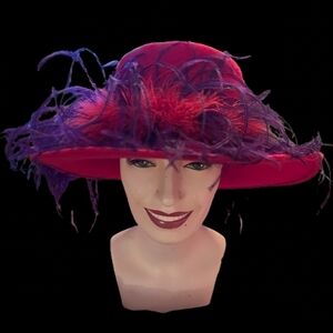 Like New - Wool Wide-Brimmed Red Hat with Purple and Red Feathers
